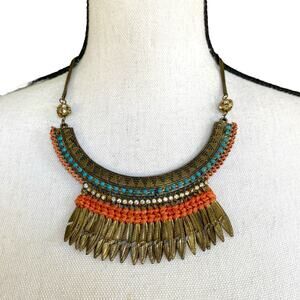 Vintage Bid Style Western Vibe Necklace Brass Feathers, Rhinestones 18-19” Boho